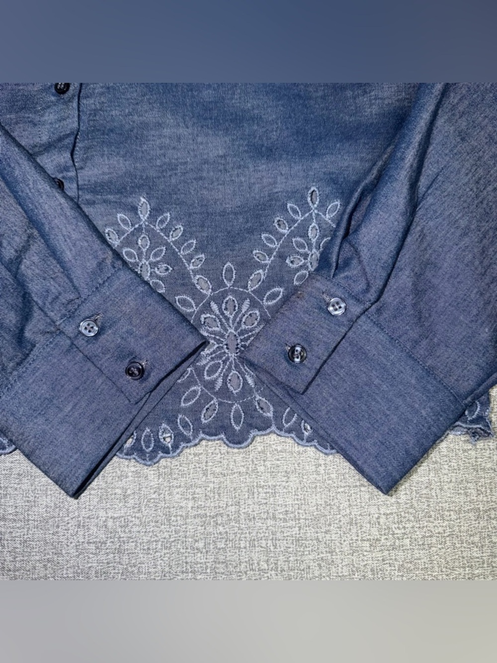 Zara Chambray Eyelet Embroidered Cropped Button Down Shirt - Picture 4 of 9